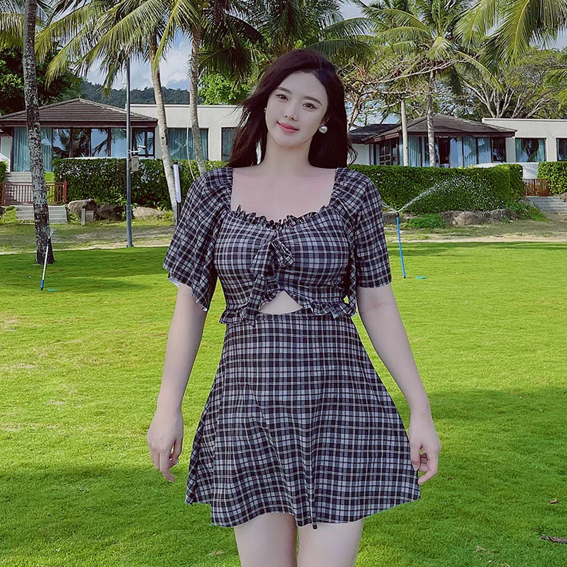 

2023 New Summer One Piece Swimsuit Plus Size Square Neck Wide Sleeves Plaid Printing Swimwear Women with Skirt Swim Suit Dress