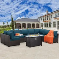 9-Piece Patio Rattan Furniture Set with Gas Fire Pit Table Outdoor Sectional Conversation Couch Brown Wicker Sofa 1
