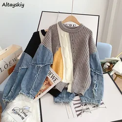 Patchwork Pullovers Women Warm Frayed Tender O-neck Soft Vintage Winter High Street Casual Loose All-match Personality Sweater