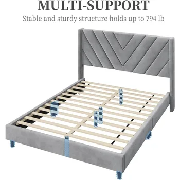 Bed Frame Upholstered Platform Bed with Wing Side/Wooden Slat Support/Tufted Headboard with Wing Side/Mattress Foundation 6