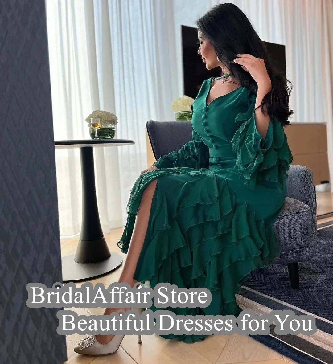 BridalAffair  V Neck Buttons Prom Dresses Long Sleeves Ruffles Ankle Length Cocktail Party Saudi Arabia Women Wear Evening Gowns