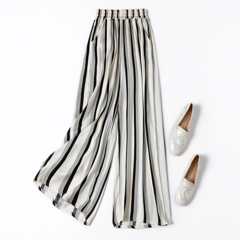19MM Modern Vertical Stripe Silk Smooth Nude Feel 93%Natural Mulberry Silk Double Qiao Satin Women's Casual Wide Leg Pants