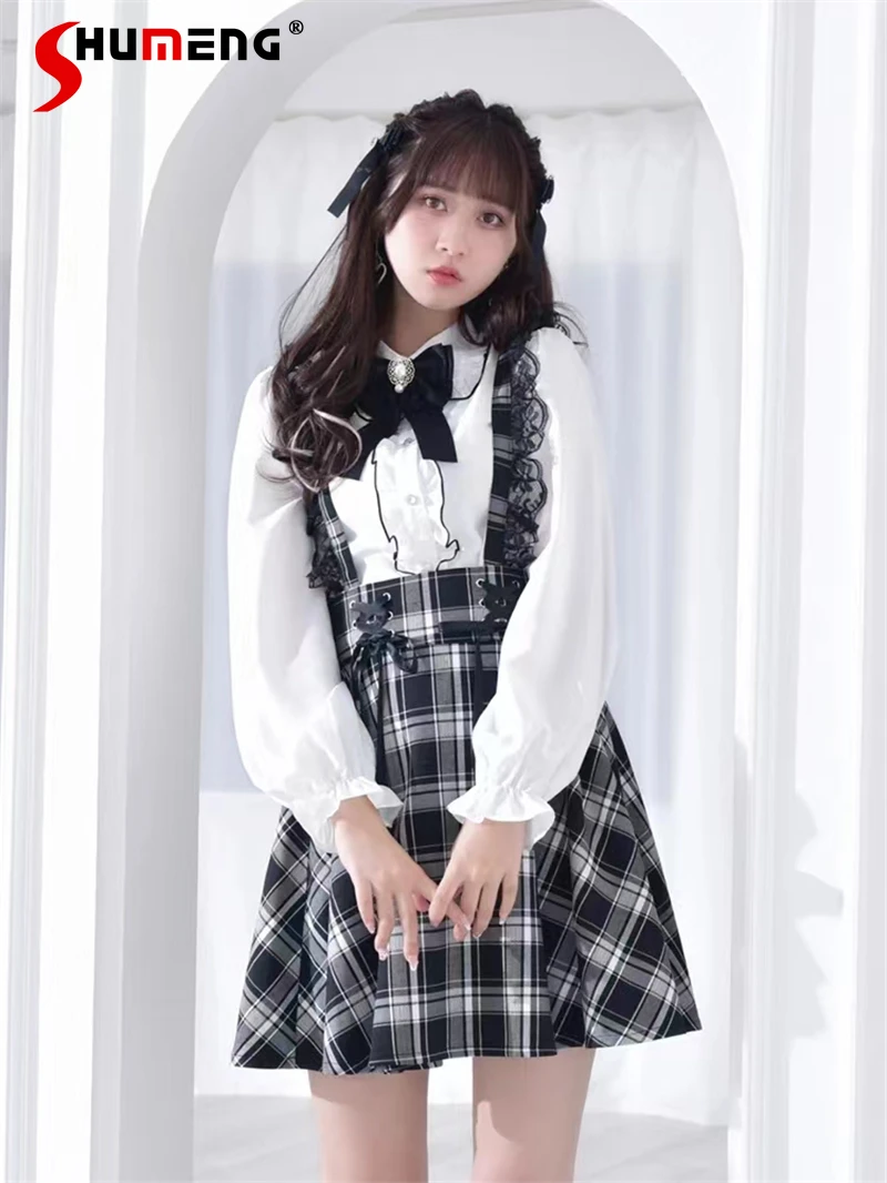 

Japanese Style Lacework Bow Tie Sweet Long Puff Sleeve Blouse Sweet Cute Girls Single-Breasted Solid Color Top Bottoming Shirt