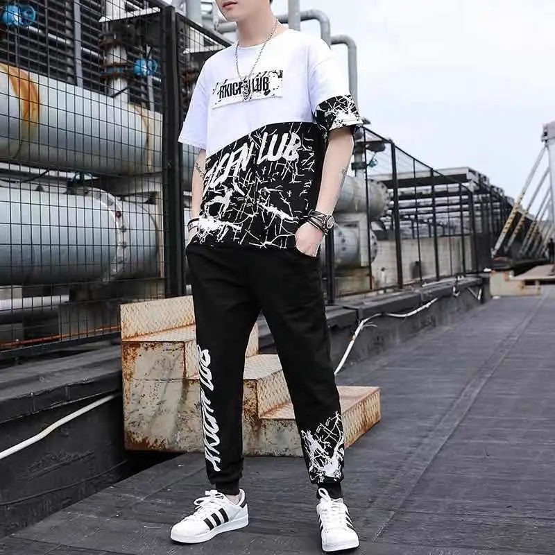 T Shirt Pants Sets Man Loose 2023 Trend Tracksuit Nylon Top Stretch Men's Clothing Casual Luxury Sweatpants 5xl Xl Sports Suits