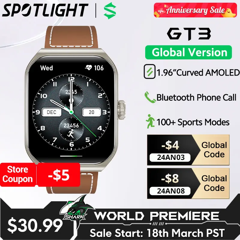 Versione Globale Blackshark Gt3 Smartwatch 1.96 ''Amoled Schermo Curvo Supporto Bluetooth Chiamata Vocale Shark Gpt Cardiofrequenzimetro