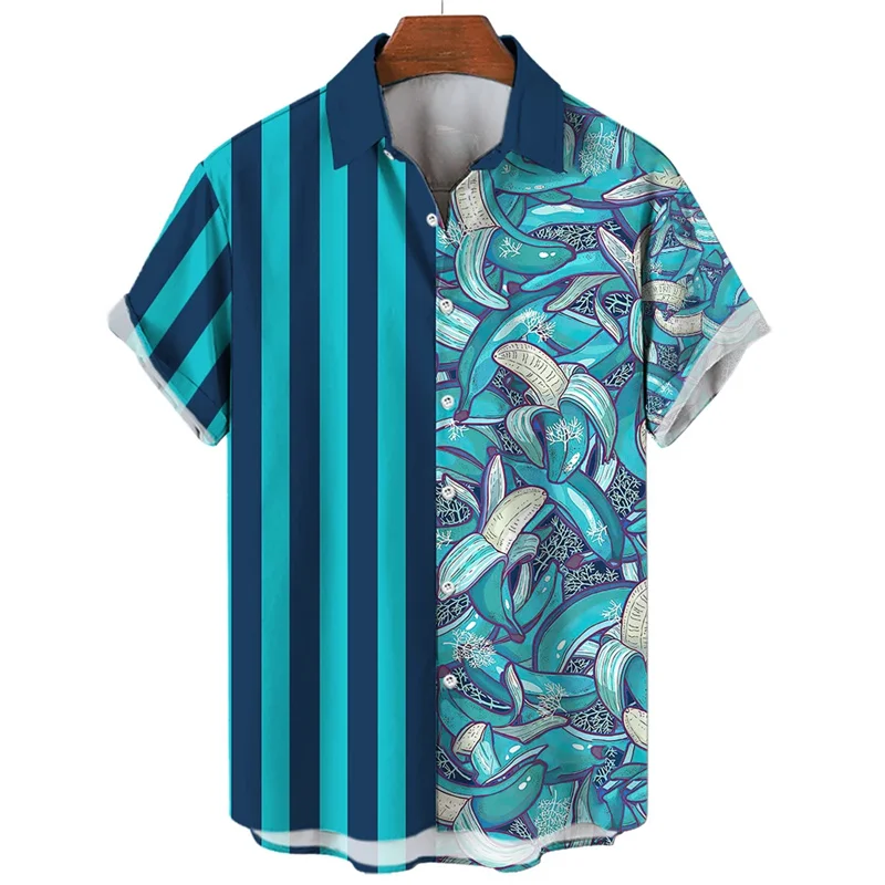 thumbnail image 1 of Camisa hawaiana con estampado de frutas y plátanos para hombre, camisas hawaianas con estampado 3D de limón y naranja, blusas casuales de calle con solapa, blusa holgada de manga corta, 1 of 4