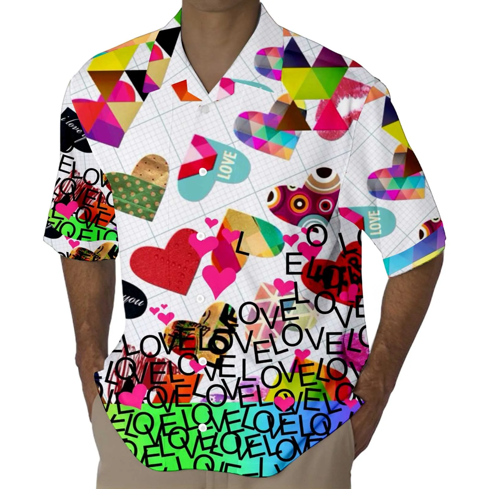 

Mens Valentines Day Digital 3D Printed Button Lapel Long Sleeve Shirt Top Beachwear Loose Business