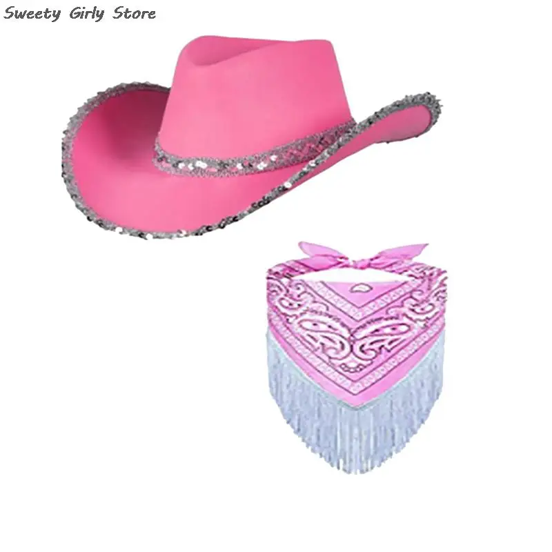 

2pcs Cowgirl Sequin Cowboy Hat Set Performance Party Jazz Hats Large Brim Western Panama Cap Women Fancy Dress Up Headwear Caps