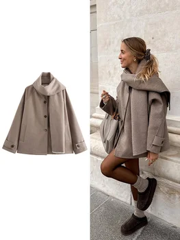 TRAF Women's Premium Scarf Trimmed Button Long Sleeve Jacket New Solid Colour Fashion Tweed Jacket Temperament Women's Clothing 1