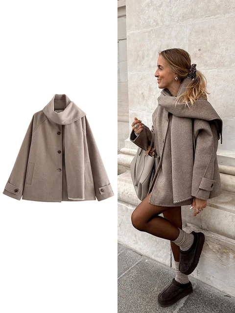 TRAF Women's Premium Scarf Trimmed Button Long Sleeve Jacket New Solid Colour Fashion Tweed Jacket Temperament Women's Clothing 1