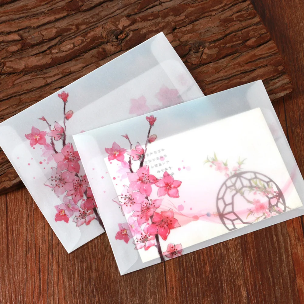 Vintage Translucent Peach Blossom Pattern Envelope Wedding Invitation Greeting Card Cover School Letter Supplies 5pcs mailing envelopes