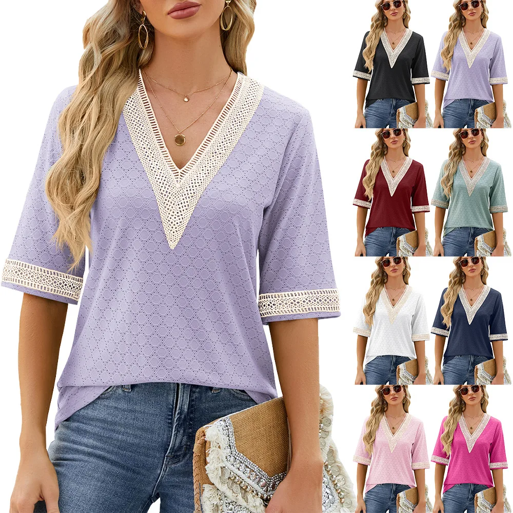 

Women's V-Neck Lace T-shirt,Short Sleeved, Loose Leisure T-shirt, Spring, Summer