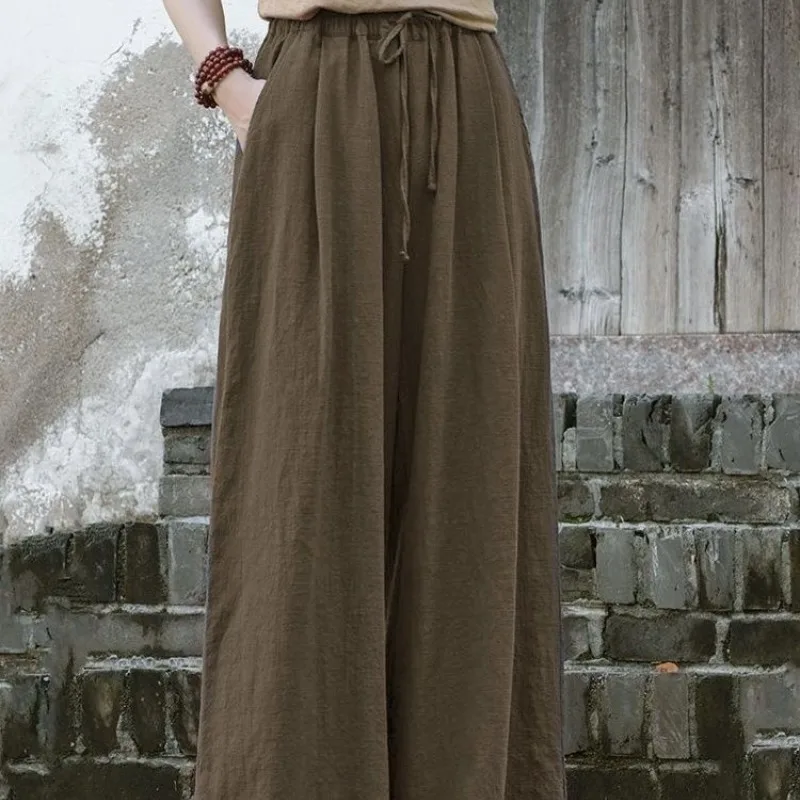 Vintage Summer Women's 2024 New Spliced Elasticized Drawstring Pocket Fashion Solid Loose Comfortable Casual Wide Leg Pants