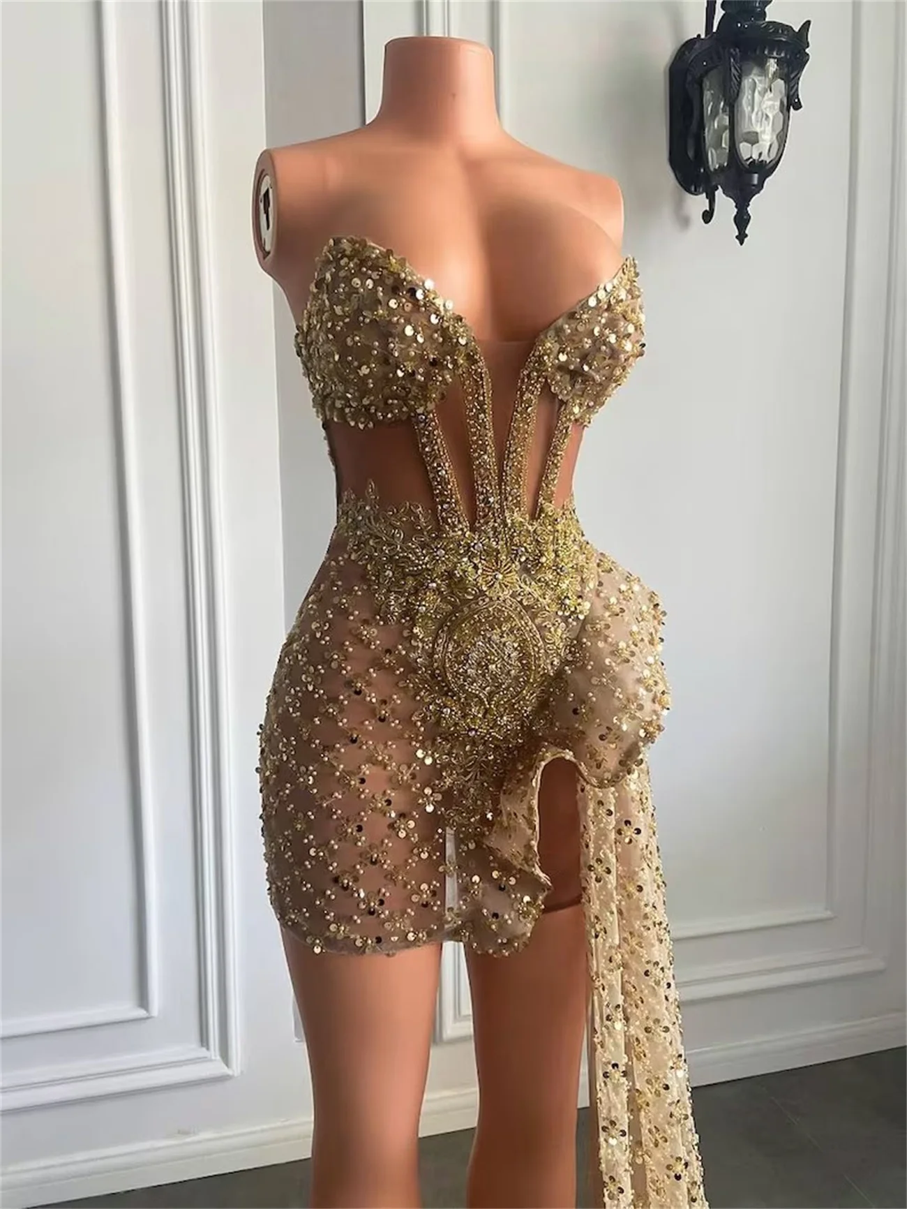 Gold Cocktail Dress Bandeau Sexy Sheer Mini Prom Party Gown Gorgeous Beaded Sequin Lace Classic One-Sided Train Newest