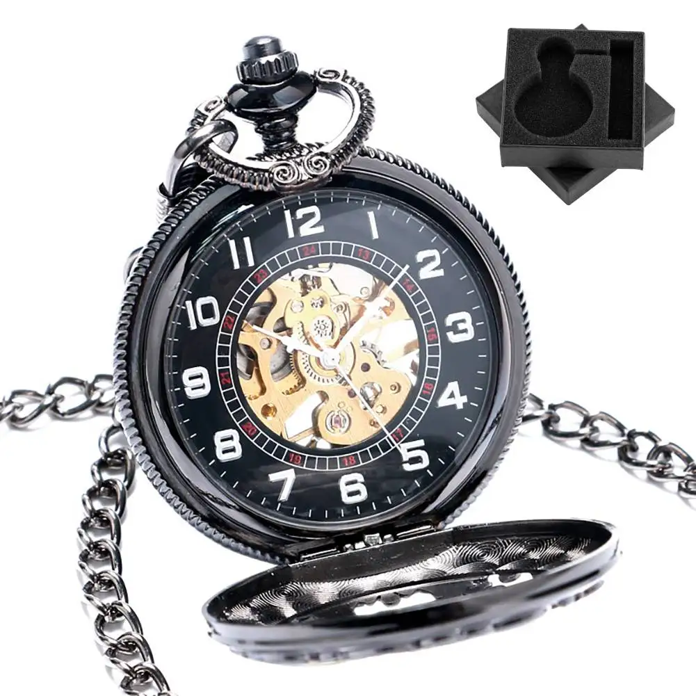 블랙 골드 아빠 Steampunk 기계식 손으로 감는 회중 시계 아랍어 숫자 다이얼 Fob 체인 펜던트 아버지 시계 선물