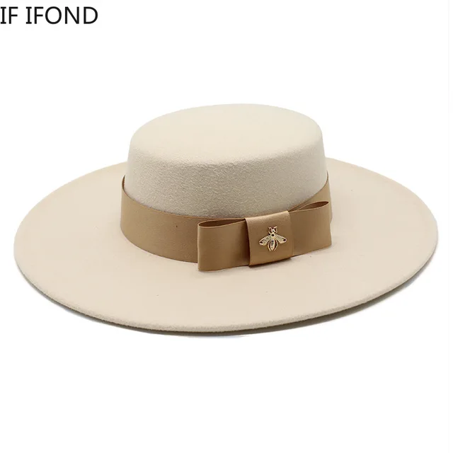 2022 Autumn Winter French Ladies White Bownot Flat Top Fedora Hat 10CM Brim Banquet Elegant Felt Hat Wedding Dress Cap 1