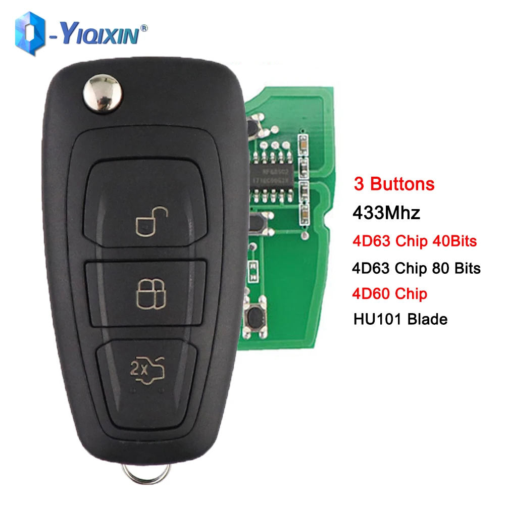 YIQIXIN 40/80 Bit Remote Car Key For Ford Mondeo C-Max S-Max Focus Fiesta 2010 2011 2012 433Mhz 3 Buttons 4D63 4D60 Chip Fob