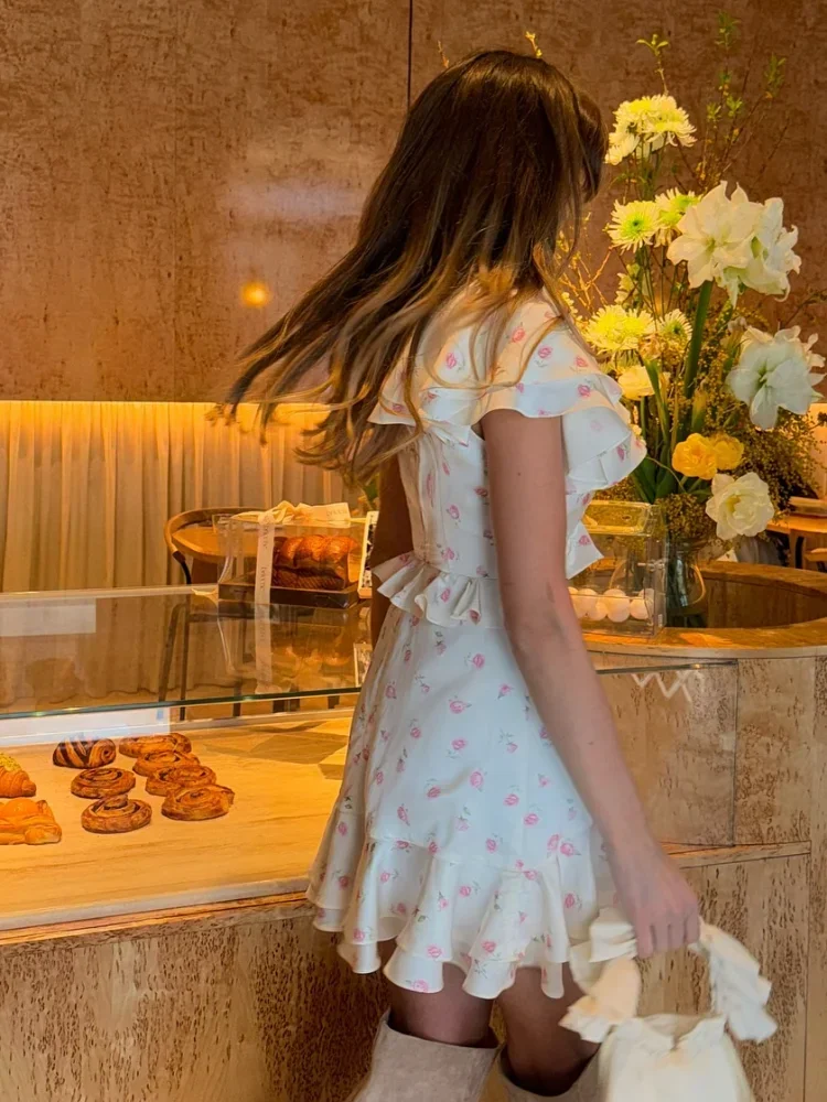 Floral Printed Ruffle Hem Mini Dress Elegant Patchwork V-neck Slim