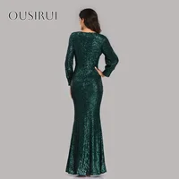 Sequined V-neck Split Long Sleeves Mermaid Prom Gown Floor Length Zipper Customized Evening Dresses vestidos de novia 5