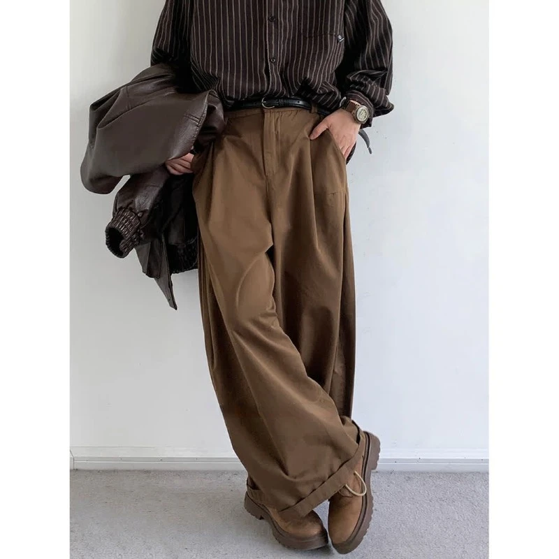 

Брюки карго Deeptown мужские в японском стиле Харадзюку, коричневые винтажные повседневные мешковатые штаны с широкими штанинами, модная одежда в Корейском стиле