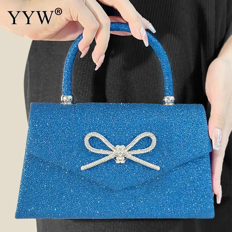 

Rhinestone Bowknot Clutch Handbag Elegant Women PU Leather Top Handle Glitter Sequins Bags Shoulder Chain Banquet Evening Purse