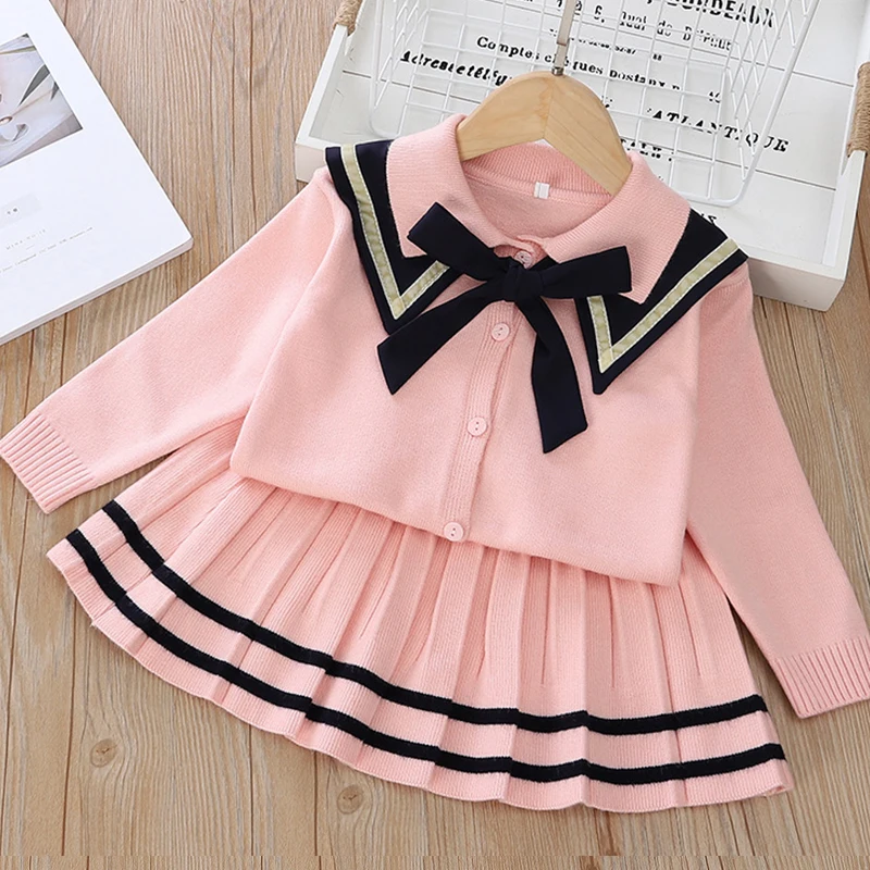 Girls' long sleeve knitting suit 2022 Christmas autumn winter new girls' sweater cardigan knitting Top + skirt two piece set baby outfit matching set