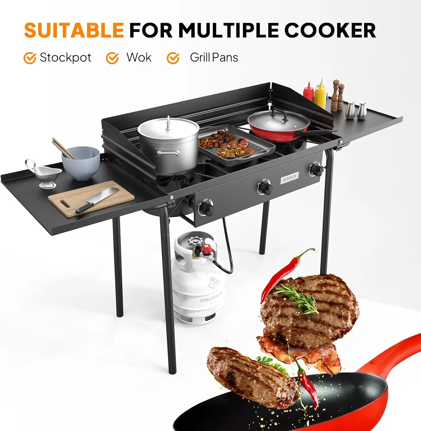 3 Burner Gas Stove with 2 Side Shelves, 225,000BTU Portable Propane Stove with Removable Leg, Wind Panel, Regulator for Camping 5