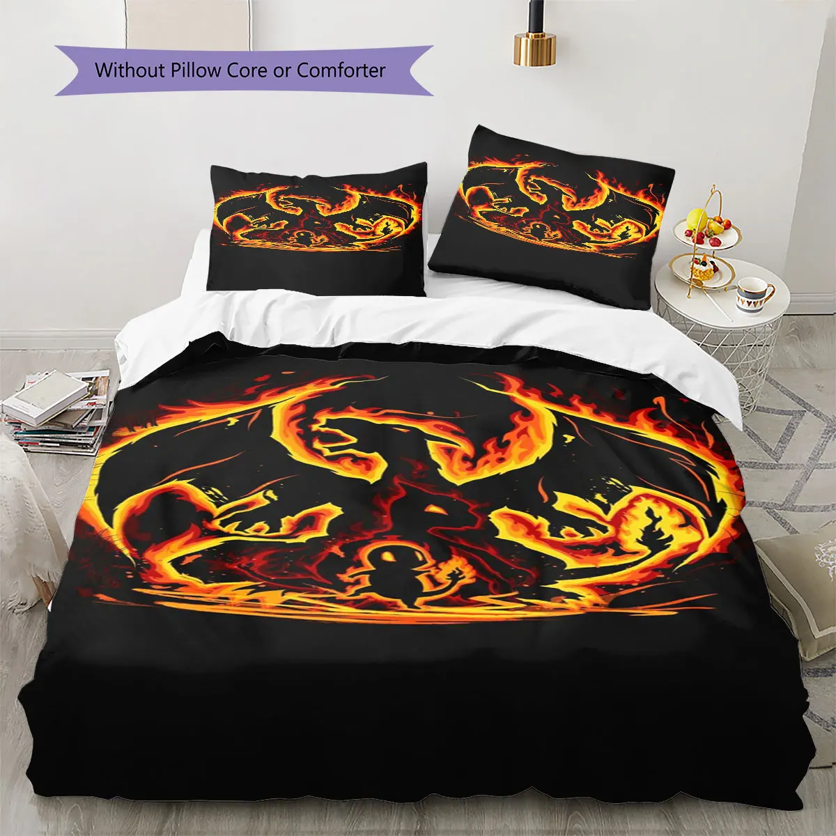 Charizard 3Pcs 침구 세트 멋진 파이어 드래곤 인쇄된 이불 커버 베개 커버 부드러운 마이크로 화이버 침실 장식 충전재 없음