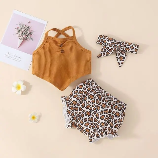 3Pcs Newborn Summer Baby Girls Clothes Set Toddler Button Romper New Born Infant Cute Outfit Ruffle Short Sleeve Shorts Headband newborn baby clothing set Baby Clothing Set