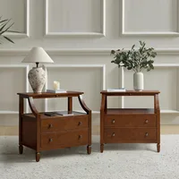 Wood Nightstand with Charging Station, 2-Drawer Dresser with Wooden Legs, Mid-Century Modern Nightstand 1