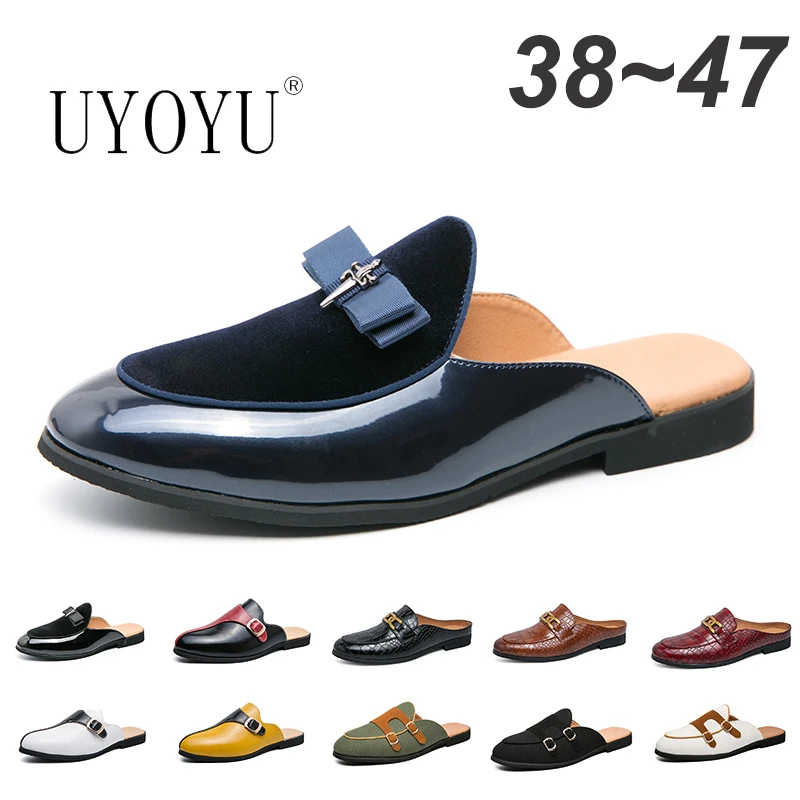 

Designer Luxury Casual Moccasins Sandals Men Anti-slip Brand Half Shoes Loafers Leather Slippers Breathable Mules Fashion Slides