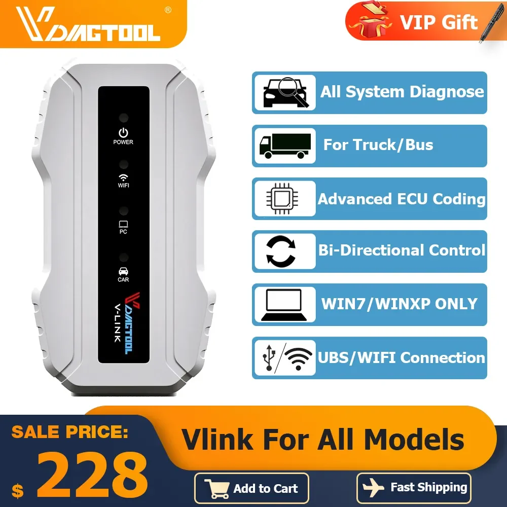 Vdiagtool VLINK Diesel Truck Diagnostic Tool For CAT For Cummins Truck Tools Heavy Duty Truck Scanners For Volvo ECU Coding