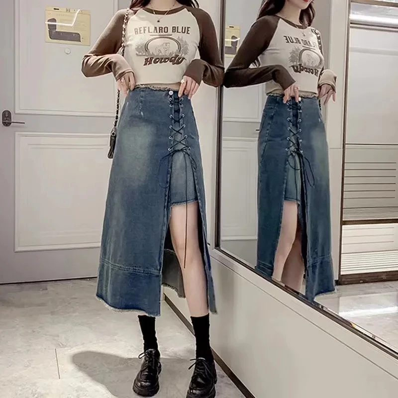 

Women's Fake Two-piece Lace Up Split Design Denim Skirt New Summer Sexy High Waisted Mid Length A-line Female Short Skirt