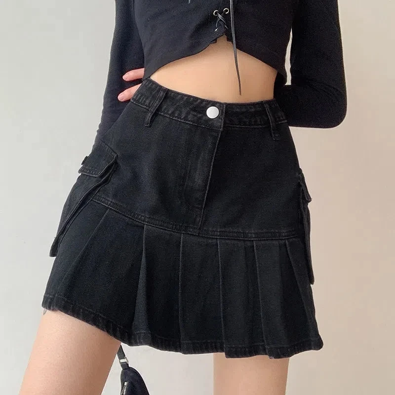 

Denim Jeans Skirt Goth Black Jeans Mini Women High Waist Patchwork Pleated Female Summer Punk Y2K With Big Pockets Short Skirts