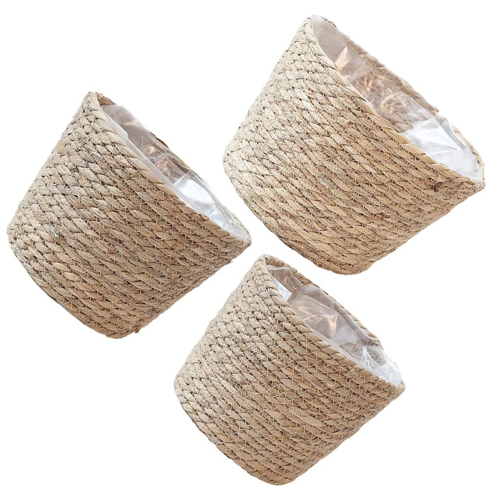 

3Pcs Weaving Flower Pot Waterproof Lining Hand-woven Basket Laundry Basket for Home Bathroom