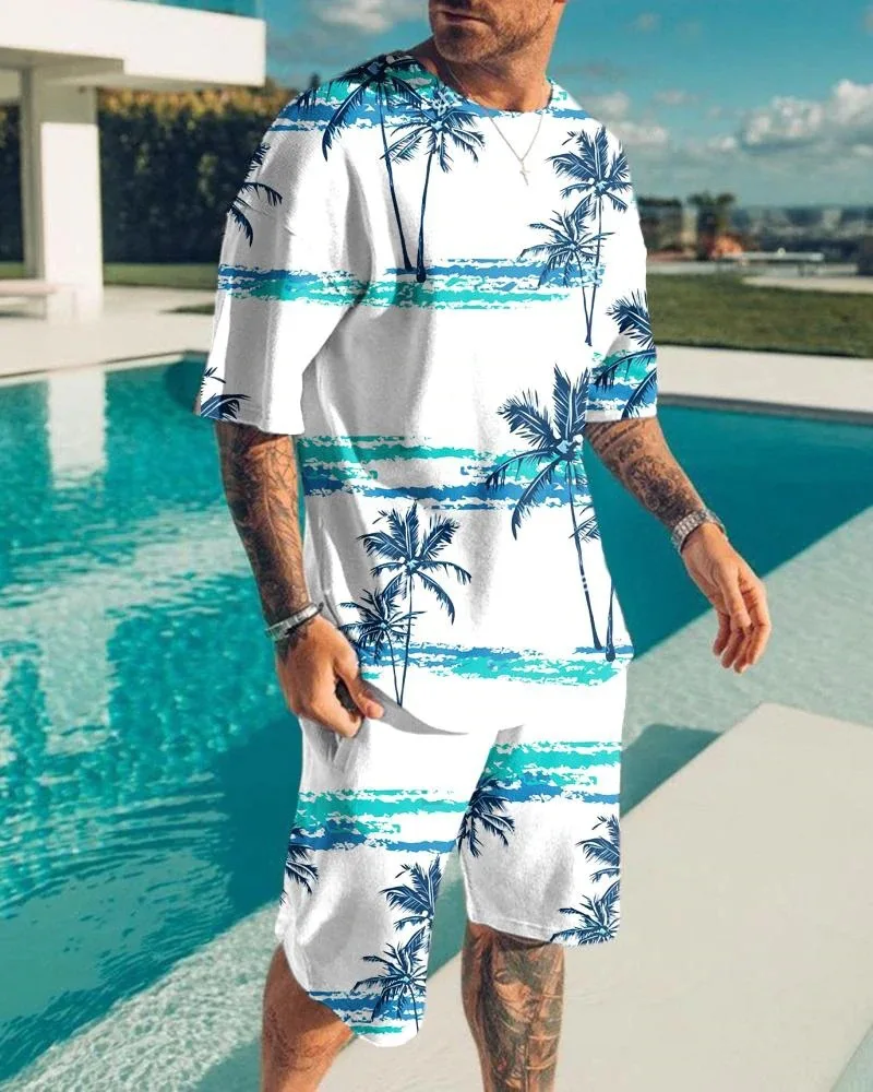 2023 New Summer Sun Beach Suit Men's Sportswear Fashion Street Jogging Suit Suit 3D Coconut Round Neck Quick Drying Set