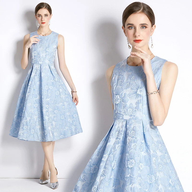 

New Summer Fall Light Blue Jacquard O-Neck Sleeveless Women Sweet Temperament Tunic Slim Midi Beach Holiday Ball Gown Vest Dress