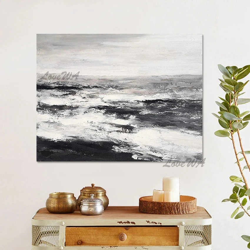 

Luxury Living Room Decoration Art Canvas Sea Wave Natural Scenery Painting Black Artwork Frameless Abstract Picture On The Wall