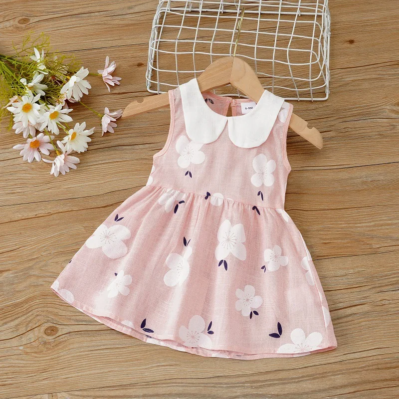 

2024 Summer Baby Girls Korean Version Style Sleeveless Peter Pan Collar Sundress Children Cotton Linen Princess Dress 0-6Years