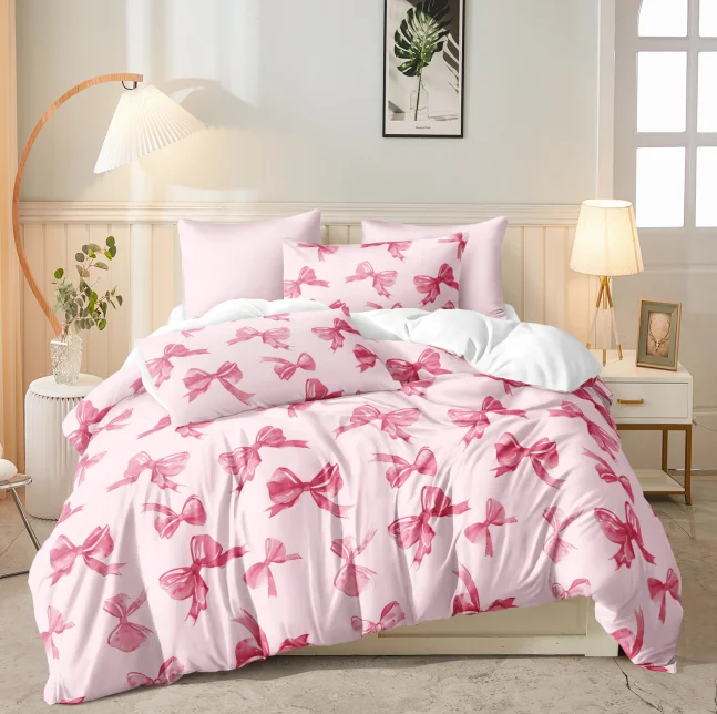 Conjunto de capa de edredão com laço rosa de 3 peças, conjunto de cama, 1 * capa de edredom + 2 * fronhas, sem núcleo