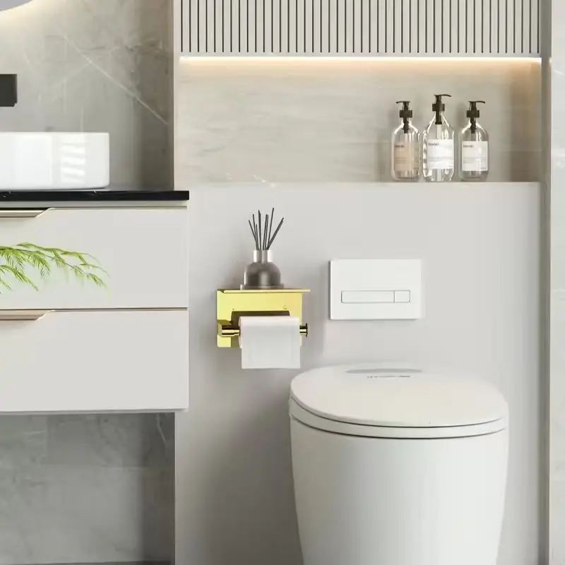 Luxurious Golden Toilet Paper Holder with Phone Shelf - 304 Stainless Steel, Polished Self-Adhesive Wall Mount, No-Drill Install
