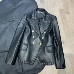 Women Coat Spring And Autumn 2023 New Fashion Genuine Leather jacket Turn-Down Collar Double Breasted Pleated Edges