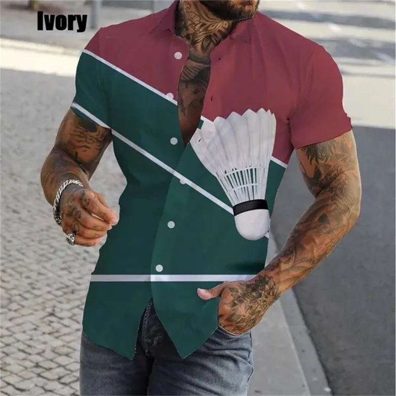 thumbnail image 1 of Camisa de playa de manga corta para hombre, estampado completo, con estampado de bádminton, para verano, informal, con personalidad, talla grande, 1 of 4