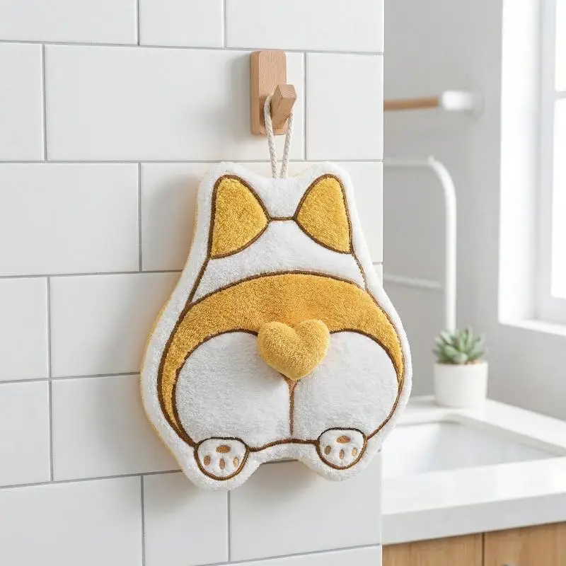 Hot Cute Cat Corgi Egg Butt Hand Towel Coral Fleece Velvet Absorbent Hanging Towel Quick-drying Thickened Handkerchief Washcloth