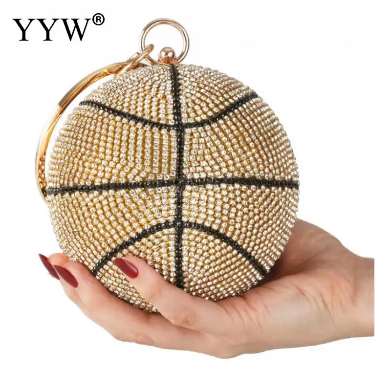 Fashion 3D Diamond Basketball Round Ball Gold Clutch Purses For Women Evening Rhinestone Handbags Ladies Party Dinner Totes Bag