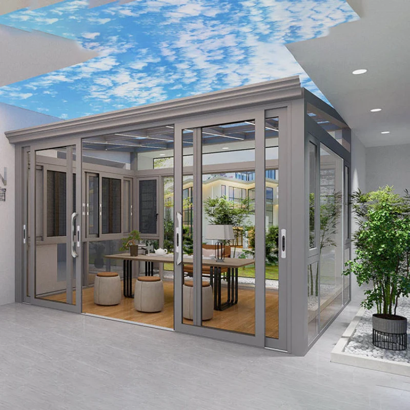 Customized Outdoor All Season Flat Freestanding Sunrooms Glass Houses Aluminium Slant Sun House