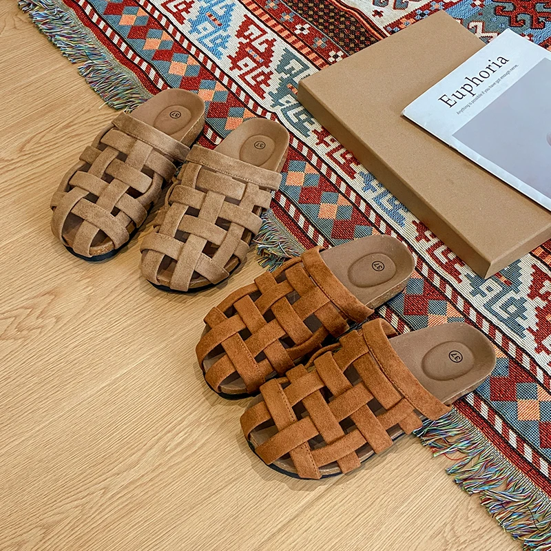여성용 단색 통기성 뮬 슬리퍼, 2.5cm 직조형 폐쇄형 발등 지지 샌들, 야외 해변 슬라이드 홈 슬리퍼