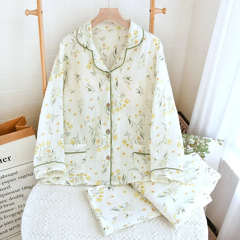 2024 New Spring and Autumn Women's Pajama Set 100% Cotton Crepe Cloth with Chest Pads Long Sleeve Two Piece Sweet Home Fury