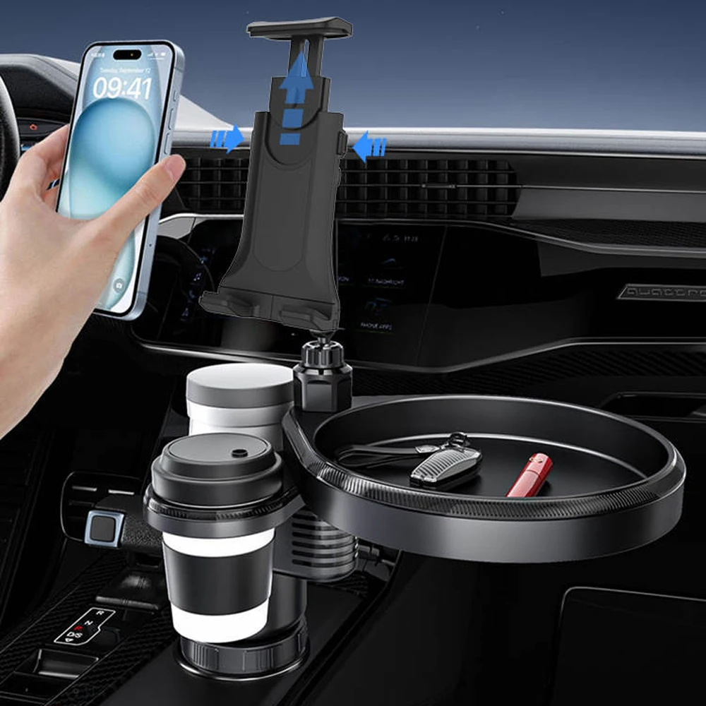 Nuovo Portabicchieri Regolabile per Auto con Supporto per Telefono e Vassoio Portaoggetti, 2 Portabicchieri, Gadget Essenziale per Viaggi su Strada e in Auto - Image 2