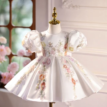 KLFLGD Gorgeous girl satin embroidered handmade dress piano performance suit light luxury flower girl wedding little girl 1